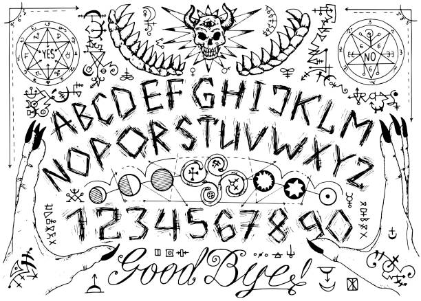 Vector Ouija spiritual board design with alphabet, magic seals, hands and alchemy signs. Vector Ouija spiritual board design with alphabet, magic seals, hands and alchemy signs. Esoteric, occult and sacred geometry illustration with mystic and gothic symbols ouija board stock illustrations