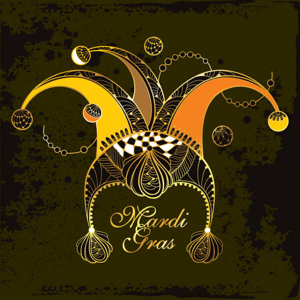 Vector outline clown or harlequin cap with Mardi Gras beads and golden peacock feather on the black background. Vector outline clown or harlequin cap with Mardi Gras beads and golden peacock feather on the black background. Greeting design with traditional symbol of Mardi Gras masquerade in contour style. harlequin stock illustrations