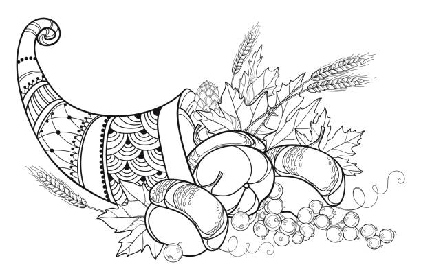 Vector outline Cornucopia or Horn of plenty full of pumpkin, grape, wheat and maple leaf in black isolated on white background. Vector outline Cornucopia or Horn of plenty full of pumpkin, grape, wheat and maple leaf in black isolated on white background. Contour Cornucopia symbol of Thanksgiving Day for fall coloring book. coloring pages stock illustrations