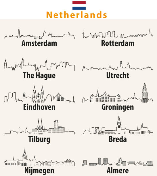 ilustrações de stock, clip art, desenhos animados e ícones de vector outline icons of netherlands cities skylines - amsterdam street