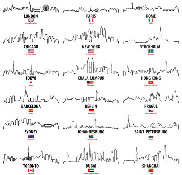 векторные контуры икон горизонтов мировых городов с национальными флагами - england australia stock illustrations