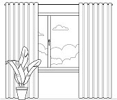 istock Vector outline window with summer landscape. Morning, day, evening, night outside the window with curtains. Modern flat cartoon style vector illustration. For coloring book page. 1319635608