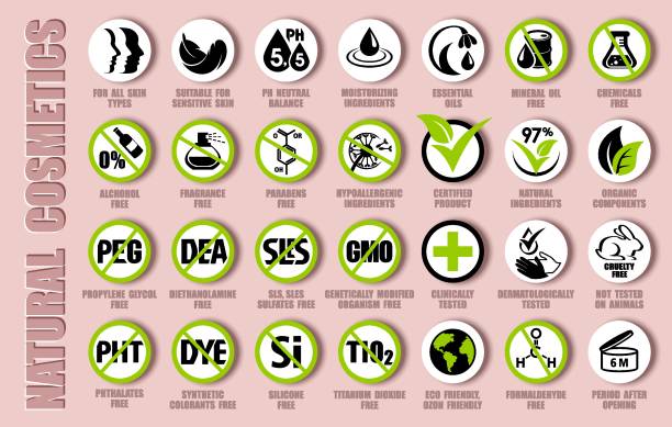 Vector package icon set of natural cosmetics icons, organic components signs, bio ingredients pictograms, eco friendly labels, bio products packaging Vector package icon set of natural cosmetics icons, organic components signs, bio ingredients pictograms, eco friendly labels, bio products packaging silicone stock illustrations