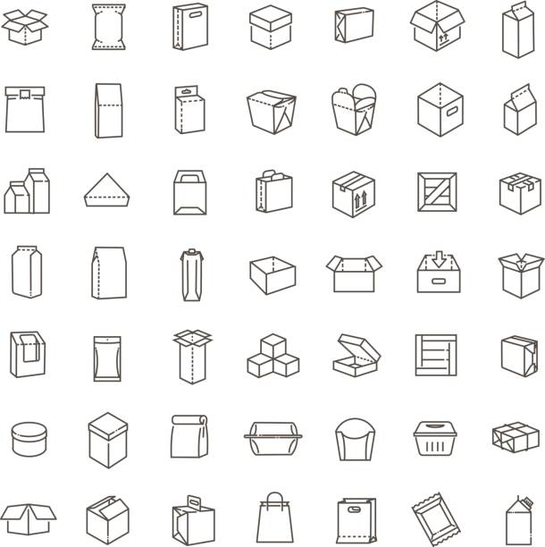 Vector package types icon set in thin line style Simple Set of Box Related Vector Line Icons. Contains such Icons as Open Box, Package Return, Wooden Crate packet stock illustrations