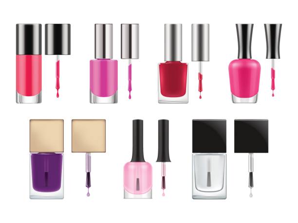 Vector packages for nail polish. Set of realistic vector packages for nail polish. Opened transparent glass bottles with black cap and brush. Blank template of container with red and pink varnish. illustration Isolated on white nail polish bottle stock illustrations
