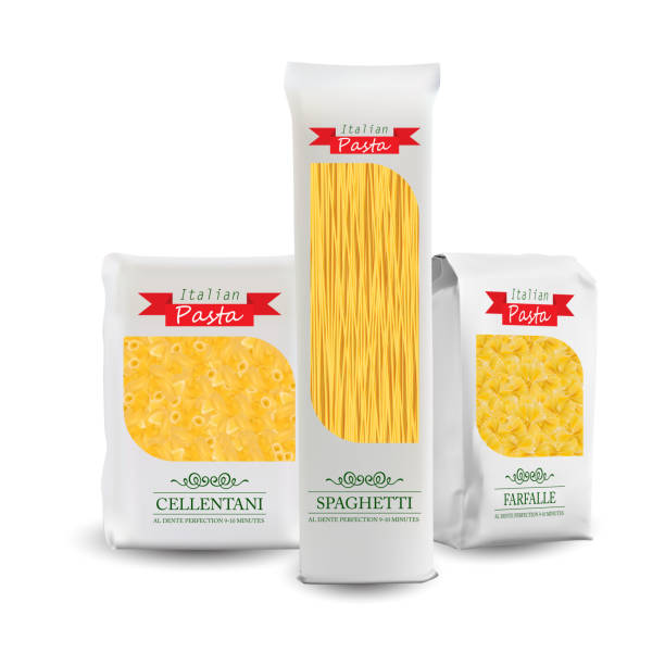 Vector Packaging Template. White Vertical Sealed Bag for Package Different Pasta. Vector Packaging Template. White Vertical Sealed Bag for Package Different Pasta. Design Close up Isolated on White Background. pasta stock illustrations