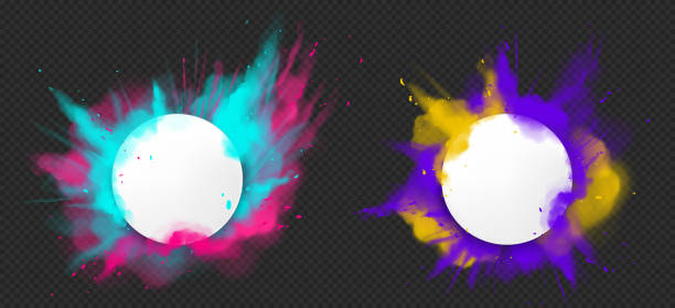 Vector paint powder explotion with round banner Color powder explosions. Splash of paint dust with white round banner. Vector realistic clouds of colorful powder, burst effect with copy space for text isolated on transparent background colored powder stock illustrations