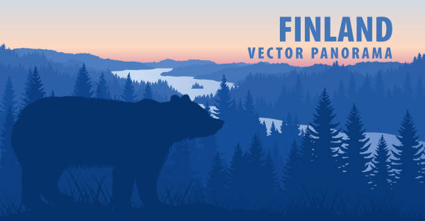 illustrazioni stock, clip art, cartoni animati e icone di tendenza di panorama vettoriale della finlandia con orso bruno - finlandia laghi