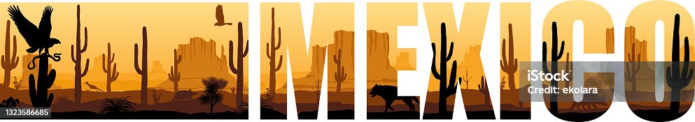 istock vector panorama of Mexico with eagle, Mexican wolf and roadrunner in desert 1323586685