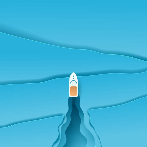 ilustrações de stock, clip art, desenhos animados e ícones de vector paper art and landscape, digital craft style for travel, sea. speed boat in the ocean top aerial view. - aerial boat