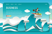 Business landing page website template. Vector paper cut illustration of young businessman with briefcase staying afloat and surfing the waves of change. Challenge business concept.