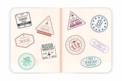 Vector passport with visa stamps. Open passport pages with airport visa stamps and watermarks. Realistic international document