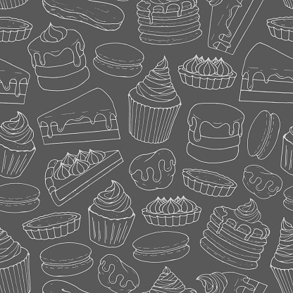 Vector pastry pattern with line art of cakes, pies, muffins, pancakes, macarons and eclairs on the blackboard background.