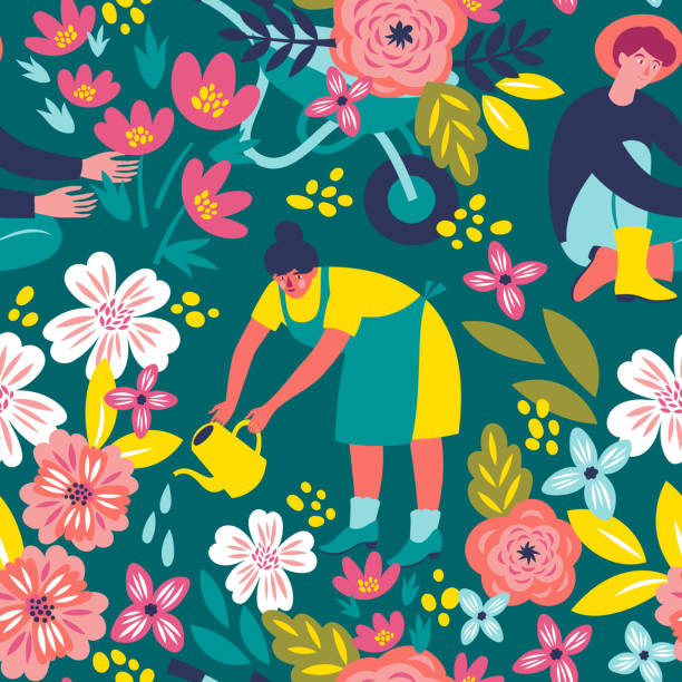 Vector pattern Vector pattern with the people in a garden in the trendy colors. Beautiful illustration in the vintage style for a textile gardening backgrounds stock illustrations