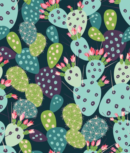Vector pattern Vector seamless pattern with succulents and cactuses with inky texture. Trendy tropical design for textile cactus backgrounds stock illustrations
