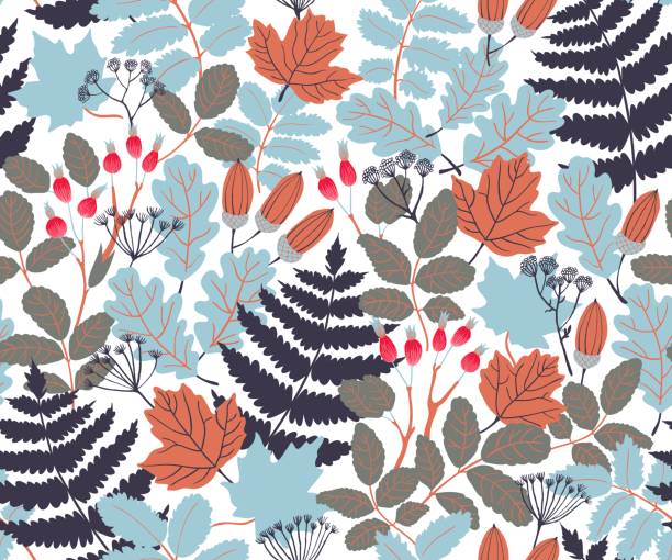 Vector pattern Vector seamless pattern with acorns and leaves and berries of wild rose in autumn colors. Beautiful forest background autumn patterns stock illustrations