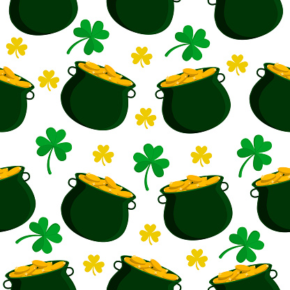 Vector pattern with a pot of gold, coins and clover on a white background. Can be used in seasonal design for St. Patrick's Day, children's textiles, covers
