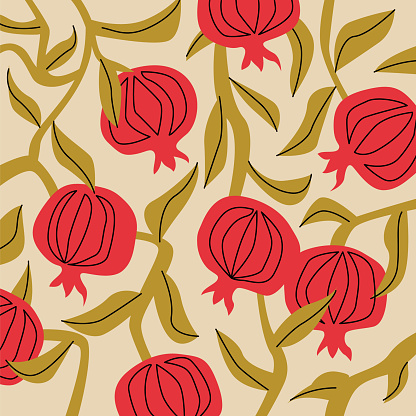 Vector pattern with garnet. In muted colors. Gold and red colors