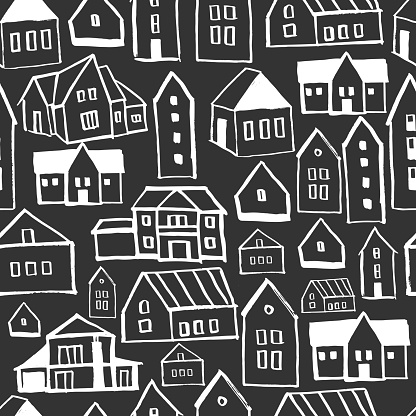Vector  seamless pattern with  hand drawn houses
