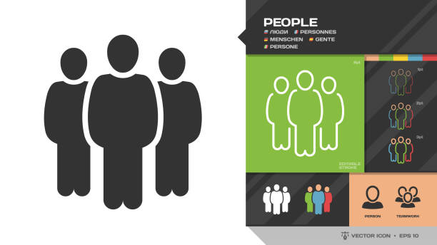 Vector people group black silhouette and editable stroke thin outline single color icon with person and teamwork symbols. Vector people group black silhouette and editable stroke thin outline single color icon with person and teamwork symbols. three people stock illustrations