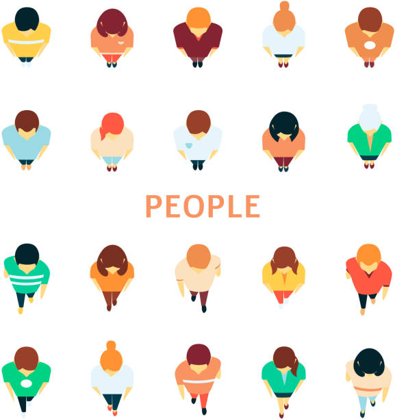 Vector people in crowd top view icon set Vector people in crowd top view. Women, men standing, walking. Citizen, population gathered together. Male, female young and adult characters for infographics design. Isolated illustration above stock illustrations