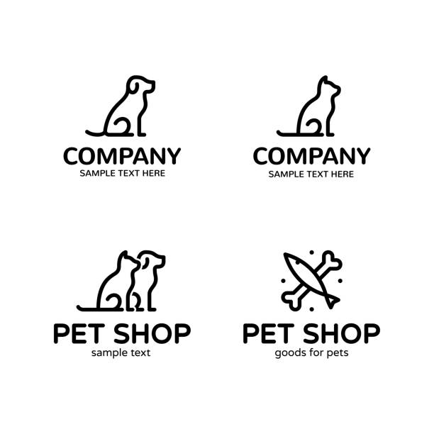 Vector Pet Logo Template Set Pet logo design template set. Vector cat, dog, fish sign and symbol collection. Animal friend illustration isolated on background. Modern care and goods label badge for veterinary clinic, zoo, petfood dog icons stock illustrations