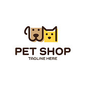Vector Pet Shop design template. Modern animal icon label for store, veterinary clinic, hospital, shelter, business services. Flat illustration background with dog and cat heads