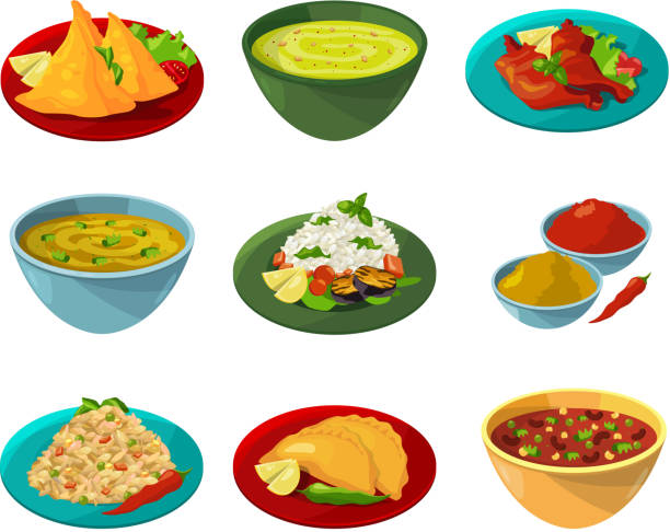 Vector pictures of indian national cuisine Vector pictures of indian national cuisine. Traditional asian india dinner illustration indian food stock illustrations