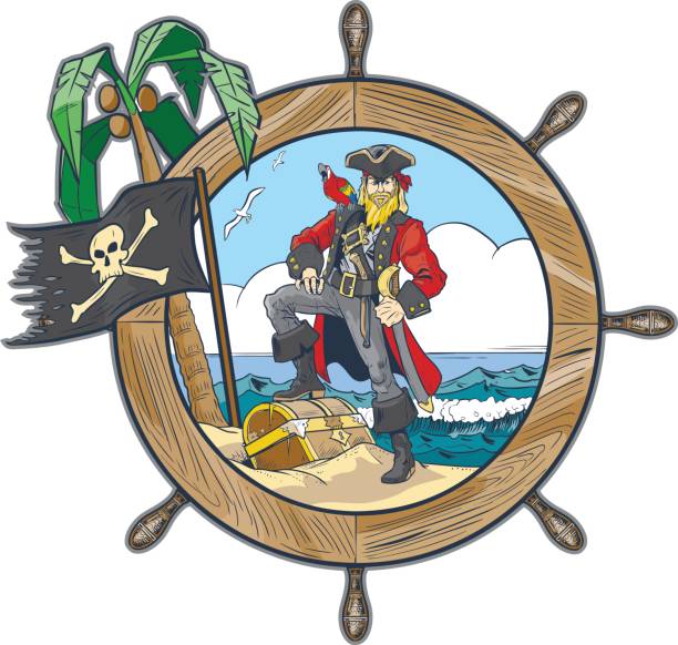 Vector Pirate in Ships Steering Wheel Design Vector cartoon clip art illustration of a pirate in a ship’s steering wheel design with a flag, palm tree, parrot, seagulls, and a treasure chest on the beach. sword beach stock illustrations