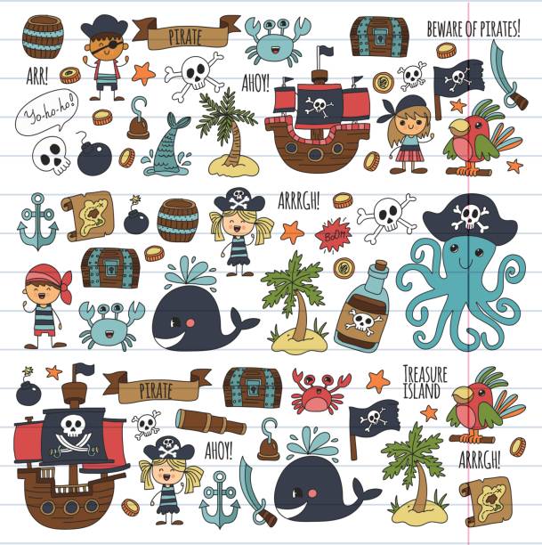 Vector pirates Children cartoon illustration Kids drawing style for kids party in pirate style Octopus, pirate ship, sailor, boy, girl, treasure island vector art illustration