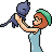 vector pixel art girl play cat isolated cartoon