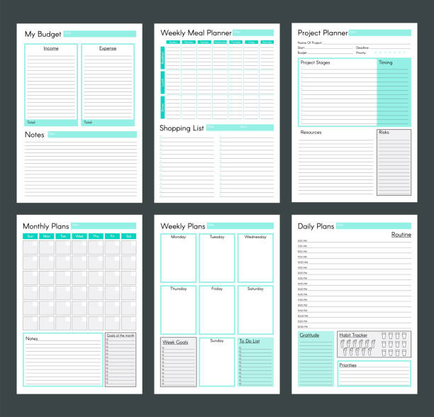 Vector planner template pages. Daily, weekly, monthly, project, budjet and meal planners. Teal clear simple design. Vector planner pages templates. Daily, weekly, monthly, project, budjet and meal planners. Teal clear simple design. monthly event stock illustrations