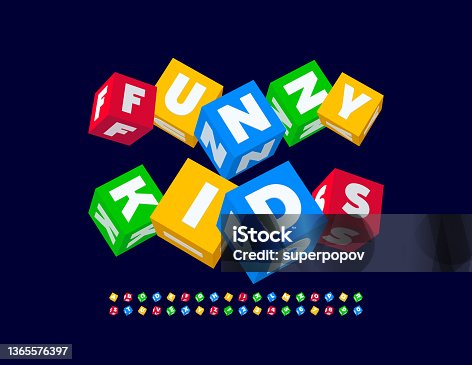 istock Vector playful poster Funny Kids with Childish set of Blocks Alphabet Letters and Numbers 1365576397