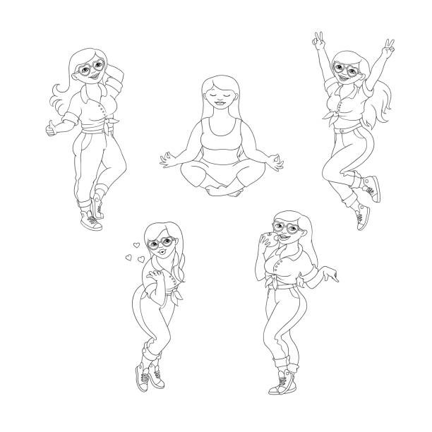 Vector plump obese woman having fun set Hand drawn plump obese girl having fun set. Sketch style cute female characters in jeans, pink skirt doing yoga, dancing blow air kiss, eat apple. Vector adult overweight women monochrome collection big fat girl drawing stock illustrations