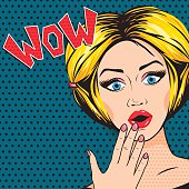 Pop Art Shocked Woman with open mouth, WOW message in comic style. Retro Blonde Surprised woman, vector illustration.