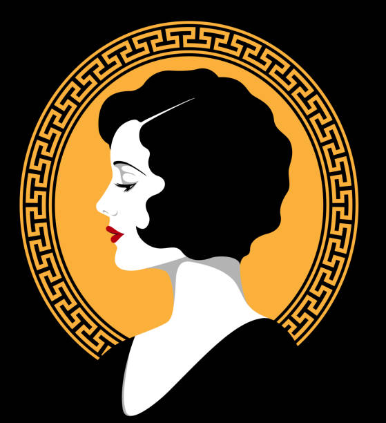 Vector portrait of beautiful retro woman, 1920s fashion Vector portrait of beautiful elegant retro woman with red lips and short wavy black hair wearing black elegant dress against background with pattern, 1920s fashion beautiful people stock illustrations