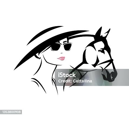 istock vector portrait of race horse and elegant woman wearing wide hat and sunglasses at hippodrome 1353800908