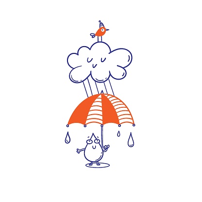 Vector postcard with cute drop under an umbrella. Doodle is funny character. Cartoon rainy print.