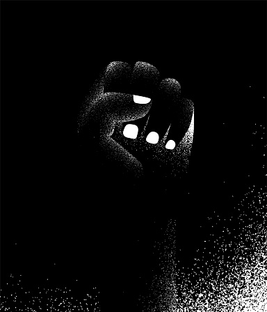 vector poster background. Human hand fist pointing up. Protest against racism. Black and white illustration with style texture effect