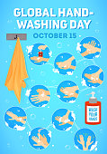 istock Vector poster for Global Handwashing Day. vector infographic, vector illustration. Hands washing medical instructions. Soap bottle and towel. Flat vector icons. 1047505220