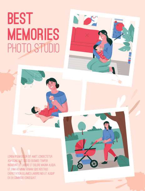 Vector poster of Best Memory Photo Studio concept Vector poster of Best Memory Photo Studio concept. Photo frame with happy mother and newborn baby. Woman breastfeeding, playing with kid, walking with stroller. Character illustration of banner pregnant borders stock illustrations