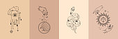 Vector poster set of mystical magic objects- woman hands, moon, sun, stars, planets, snake. Trendy minimal style, line art. Spiritual occultism objects.