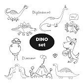 Vector print with set dinosaur hand drawn outline.  Dino and skate, roller, basketball, volcano. Fun sport illustrations for boys and girls prints on t-shirts, children and adult design. Coloring book