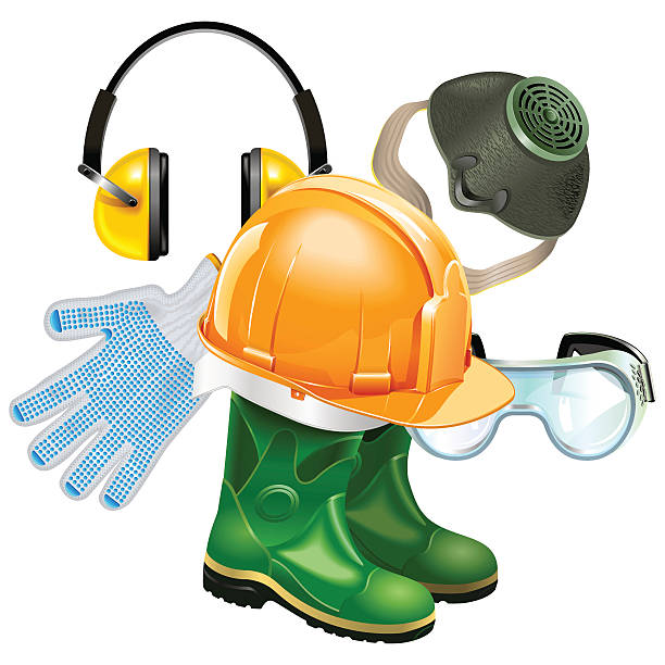 Vector Protective Equipment Concept Vector Protective Equipment Concept with construction helmet, rubber boots, earphones, respirator, goggles and mittens, isolated on white background safety equipment stock illustrations