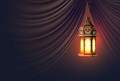 Vector ramadan kareem celebration lamp lantern silk drape curtain realistic 3d illustration. Arabic islam culture festival decoration religious fanoos glowing background Traditional muslim poster card