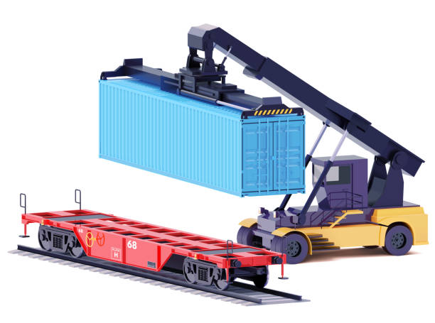 illustrazioni stock, clip art, cartoni animati e icone di tendenza di elevatore a portata di mano vettoriale e vagone ferroviario container - scarico auto