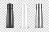 Vector realistic 3d black, white and silver empty glossy metal vacuum thermo tumbler flask icon set closeup on transparency grid background. Design template of packaging mockup for graphics. Front view.