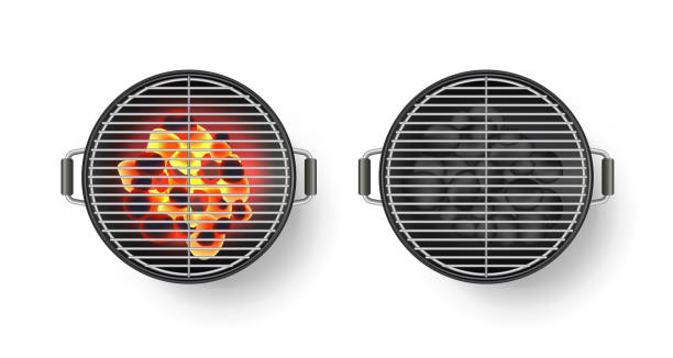 vektor-realistische 3d illustration der runde leer barbecue-grill mit heiße kohle, isoliert auf weißem hintergrund. bbq-draufsicht - grillen stock-grafiken, -clipart, -cartoons und -symbole