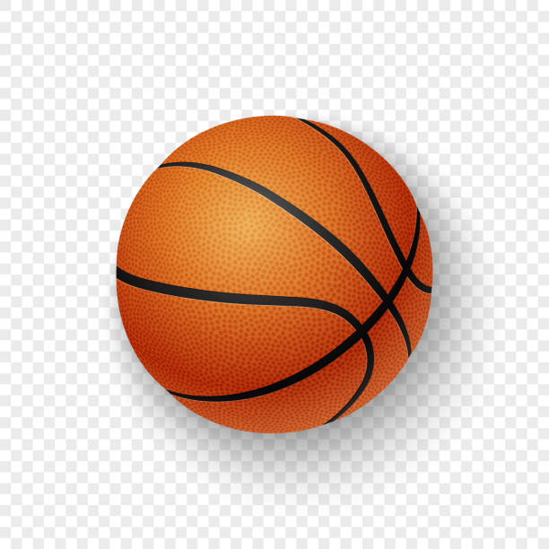 向量逼真的3d 橙色棕色經典籃球圖示特寫在透明網格背景上隔離。設計範本的圖形, 樣機。頂部視圖 - basketball 幅插畫檔、美工圖案、卡通及圖標