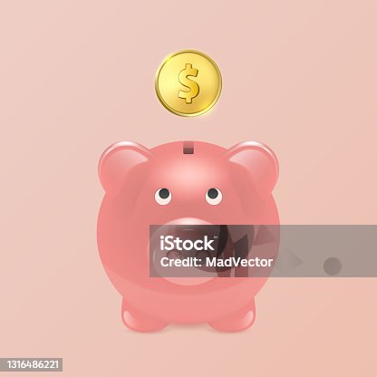 istock Vector Realistic 3d Pink Retro Piggy Bank Closeup Isolated on Pink Background. Design Template, Money Pig for Graphics, Banners with Golden Shiny Coin. Money, Financial, Savings Concept. Front View 1316486221